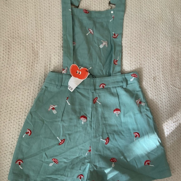 New Cider Blue Mushroom Embroidered Vintage Overalls Shorts Playsuit - Picture 6 of 8